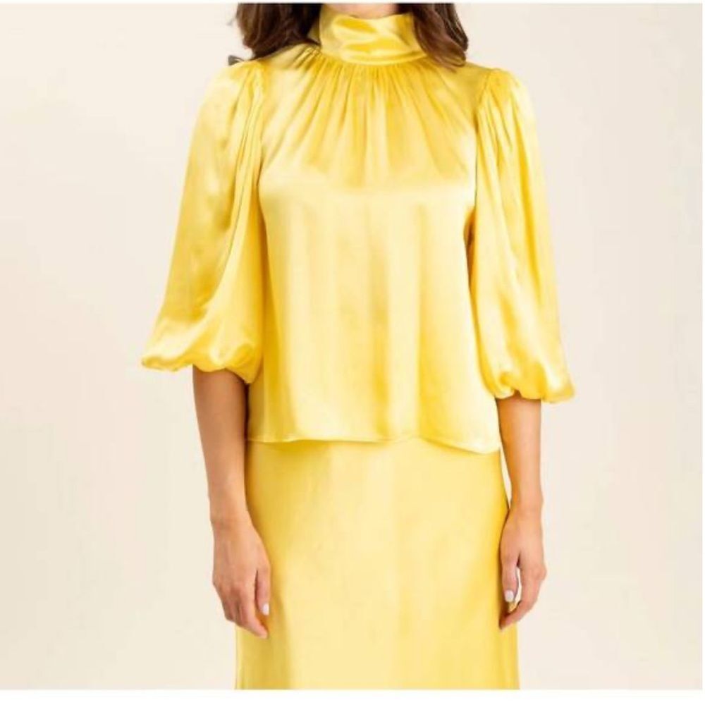 High-Neck Yellow Satin Puff-Sleeve Blouse